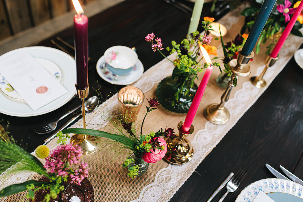Barn Decor Table Tablescape Flowers Candles Colourful Bright Cheshire Woodland Weddings Jessica O’Shaughessy Wedding Photography