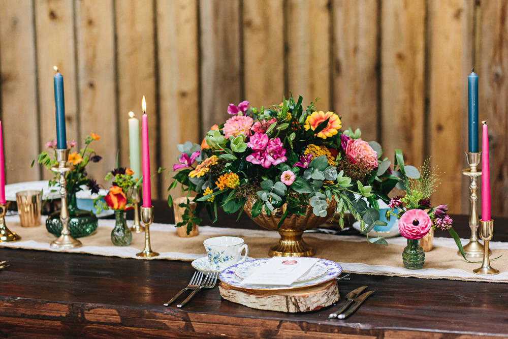 Barn Decor Table Tablescape Flowers Candles Colourful Bright Cheshire Woodland Weddings Jessica O’Shaughessy Wedding Photography