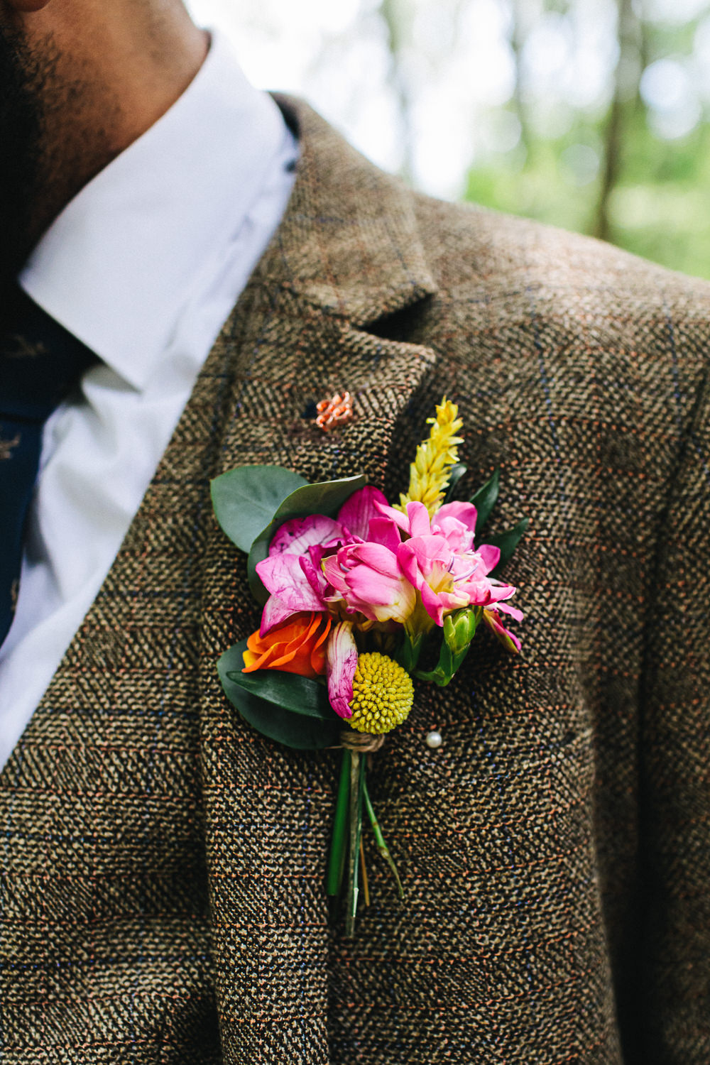 Groom Suit Tweed Tie Buttonhole Flowers Cheshire Woodland Weddings Jessica O’Shaughessy Wedding Photography