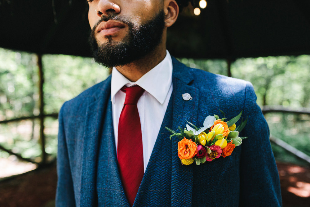 Pocket Garden Groom Suit Blue Red Tie Buttonhole Flowers Cheshire Woodland Weddings Jessica O’Shaughessy Wedding Photography