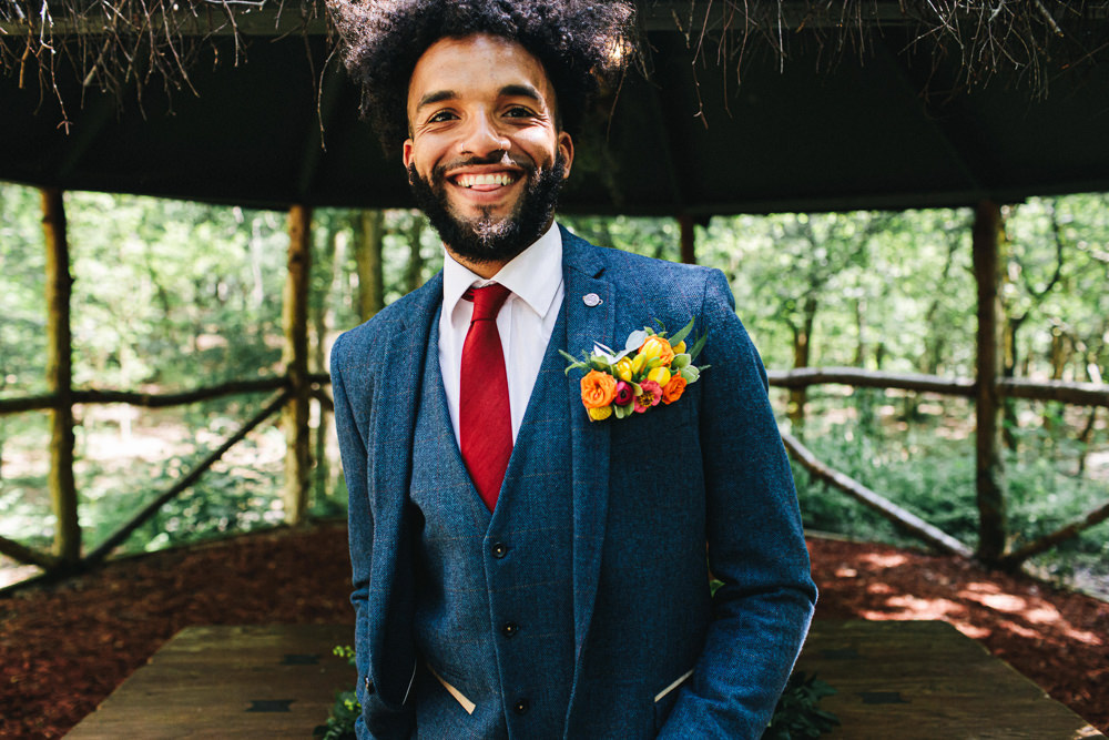Groom Suit Blue Red Tie Buttonhole Flowers Cheshire Woodland Weddings Jessica O’Shaughessy Wedding Photography
