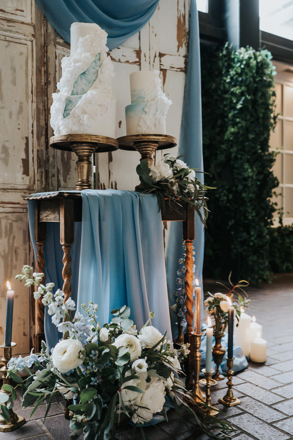 Cake Table Decor Candles Flowers Antique Door Backdrop Dusky Blue Wedding SJP Photography