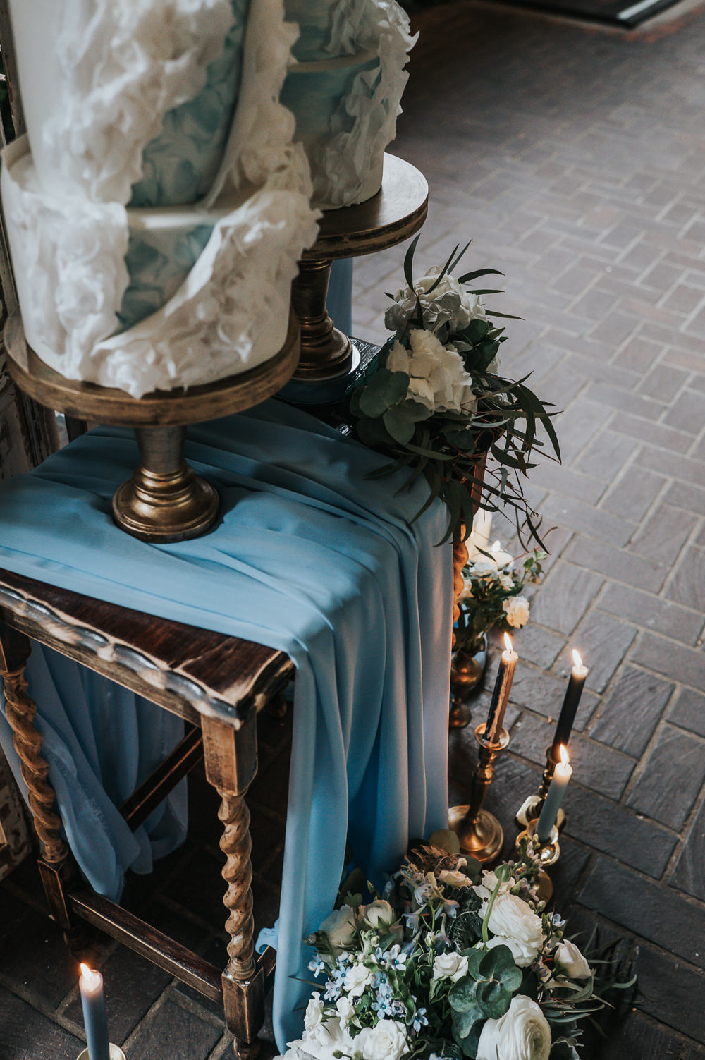 Cake Table Decor Candles Flowers Antique Door Backdrop Dusky Blue Wedding SJP Photography