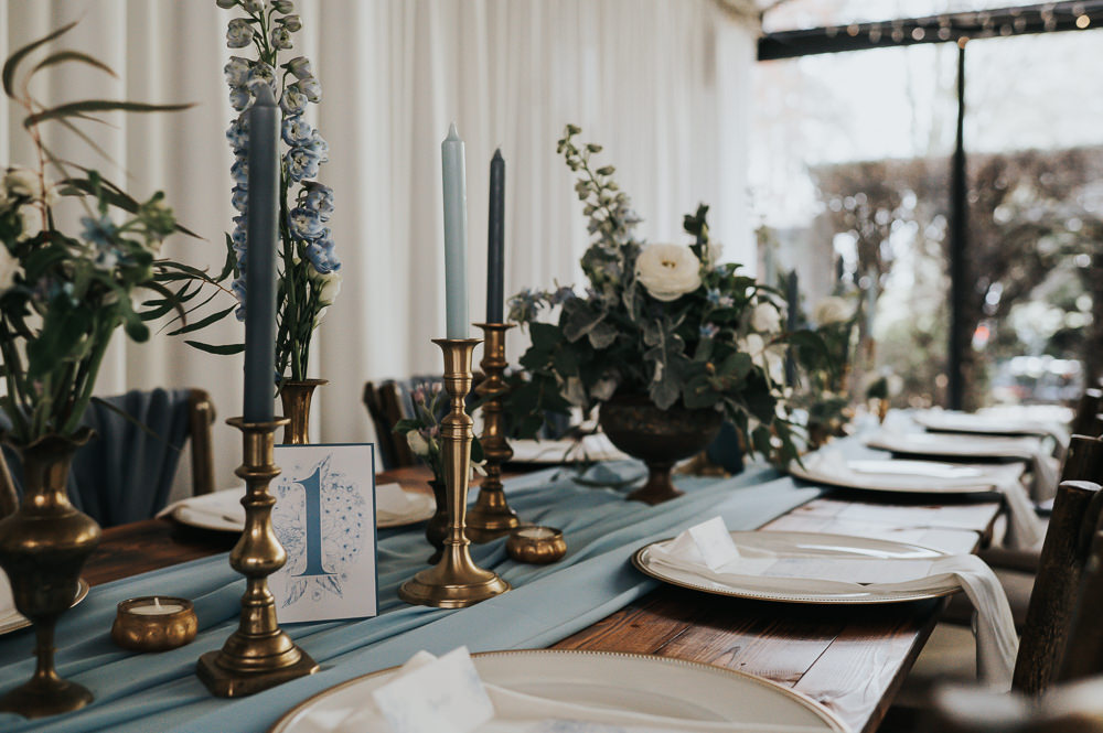 Gold Bud Vases Flowers Table Centrepiece Candles Table Runner Decor Dusky Blue Wedding SJP Photography