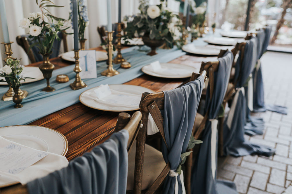 Gold Bud Vases Flowers Table Centrepiece Candles Table Runner Decor Dusky Blue Wedding SJP Photography