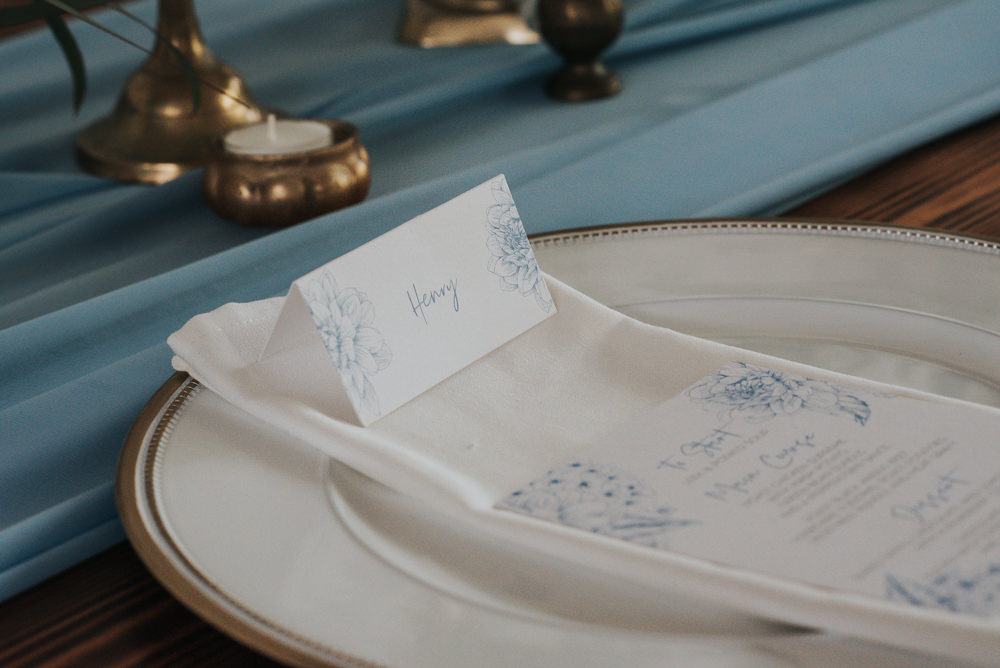 Place Setting Table Name Dusky Blue Wedding SJP Photography
