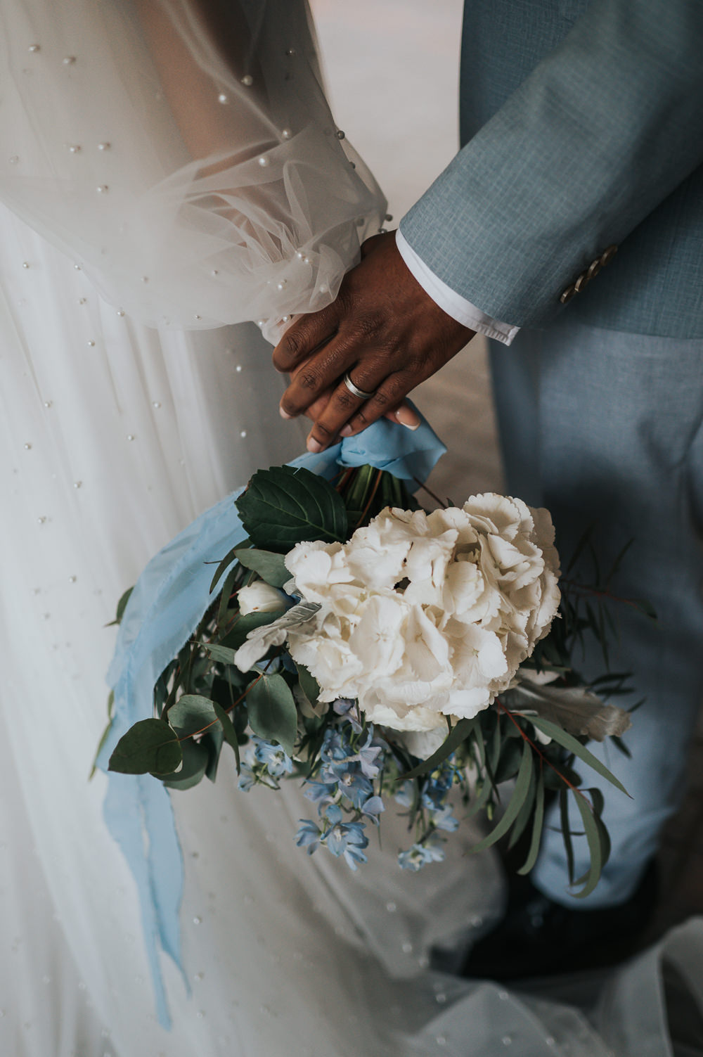 Bouquet Flowers Bride Bridal Hydrangea Ribbon Dusky Blue Wedding SJP Photography
