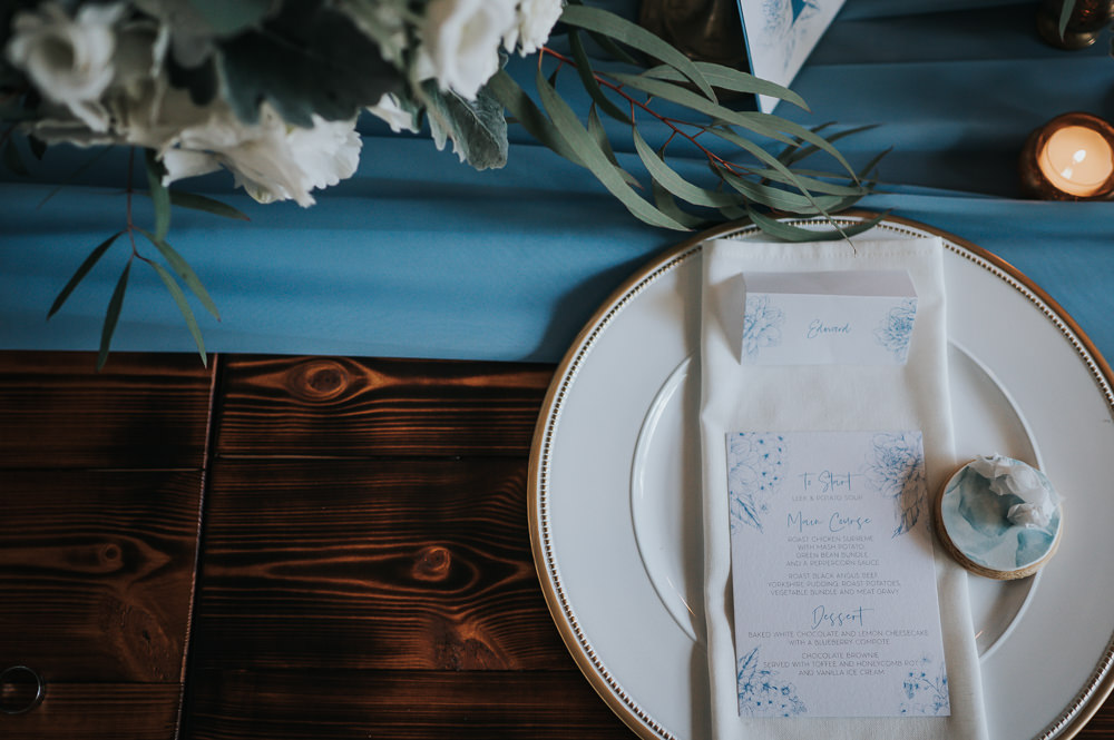 Place Setting Table Name Dusky Blue Wedding SJP Photography