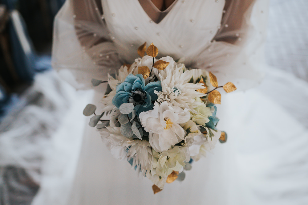 Paper Flowers Bouquet Bride Bridal Dusky Blue Wedding SJP Photography