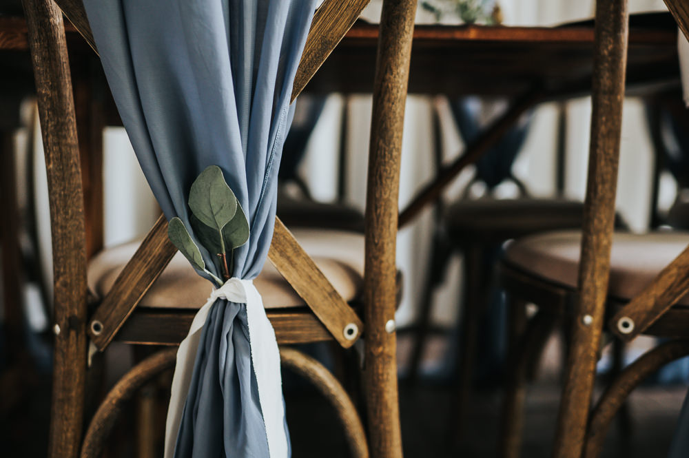 Chair Sash Ribbon Greenery Dusky Blue Wedding SJP Photography