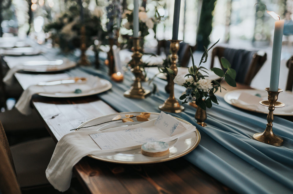 Gold Bud Vases Flowers Table Centrepiece Candles Table Runner Dusky Blue Wedding SJP Photography