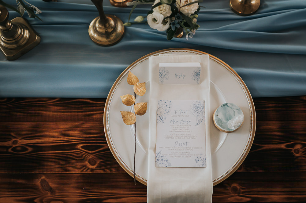 Place Setting Table Name Dusky Blue Wedding SJP Photography