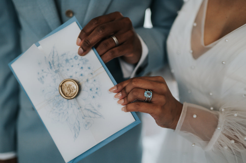 Calligraphy Illustrated Stationery Gold Wax Seal Dusky Blue Wedding SJP Photography