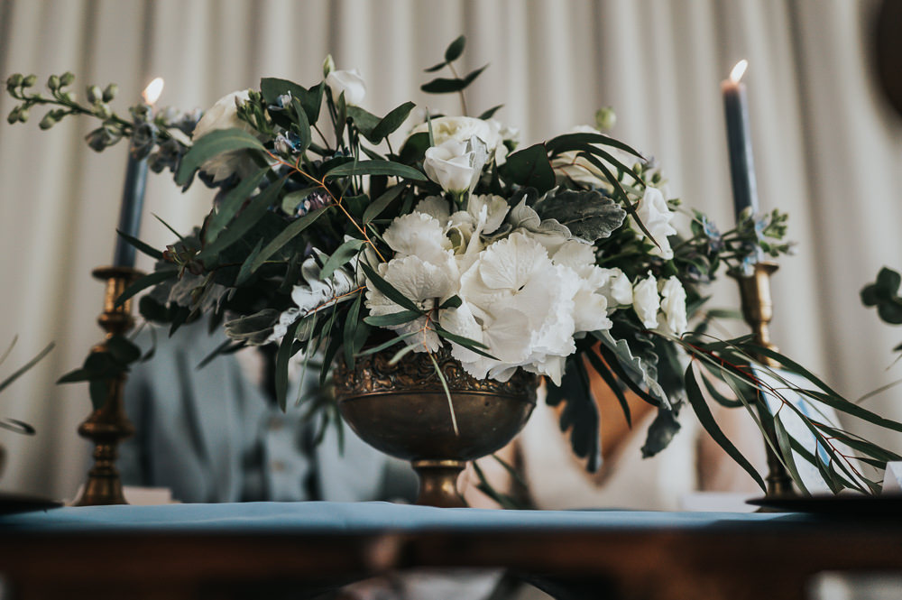 Centrepiece Flowers Decor Greenery White Dusky Blue Wedding SJP Photography