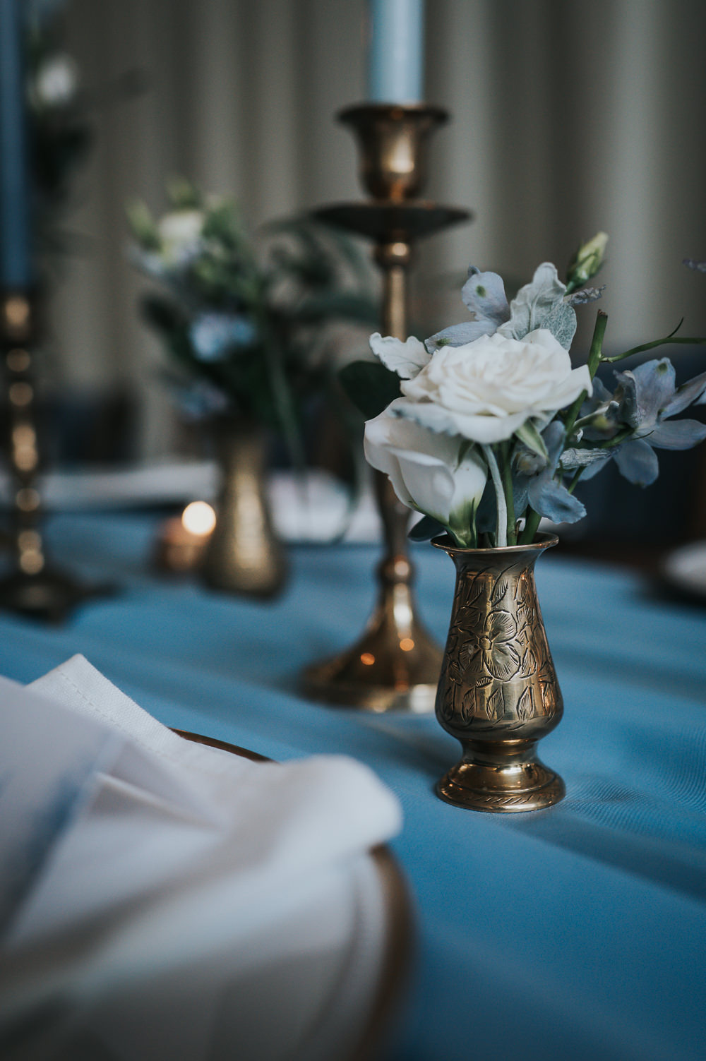 Gold Bud Vases Flowers Table Centrepiece Decor Dusky Blue Wedding SJP Photography