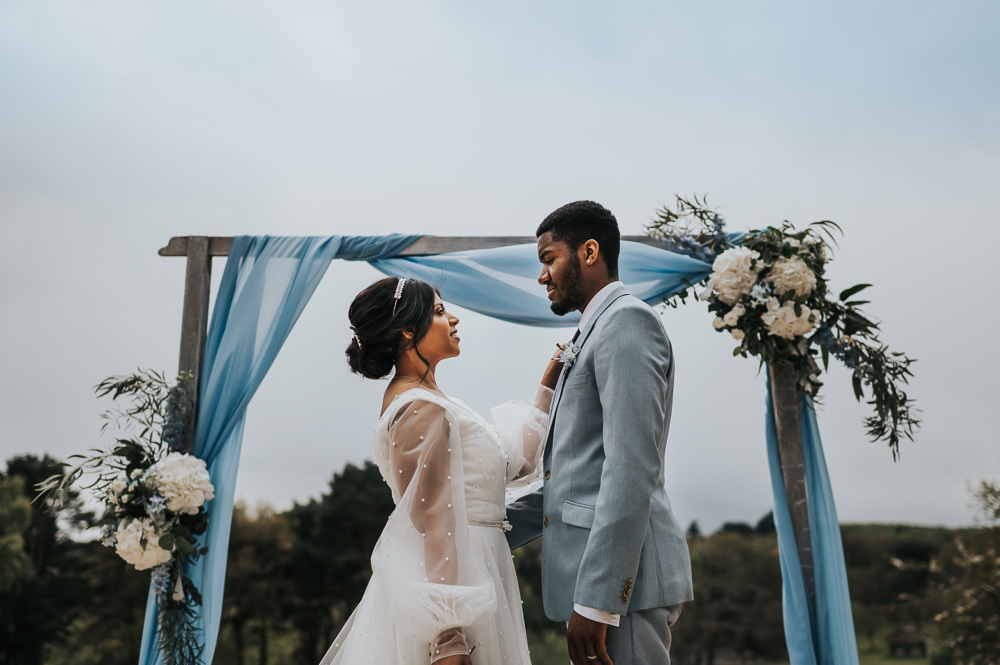 Dusky Blue Wedding SJP Photography Ceremony Backdrop Frame Flower Arch