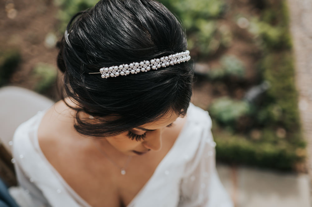 Bride Bridal Hair Up Do Style Hairband Dusky Blue Wedding SJP Photography