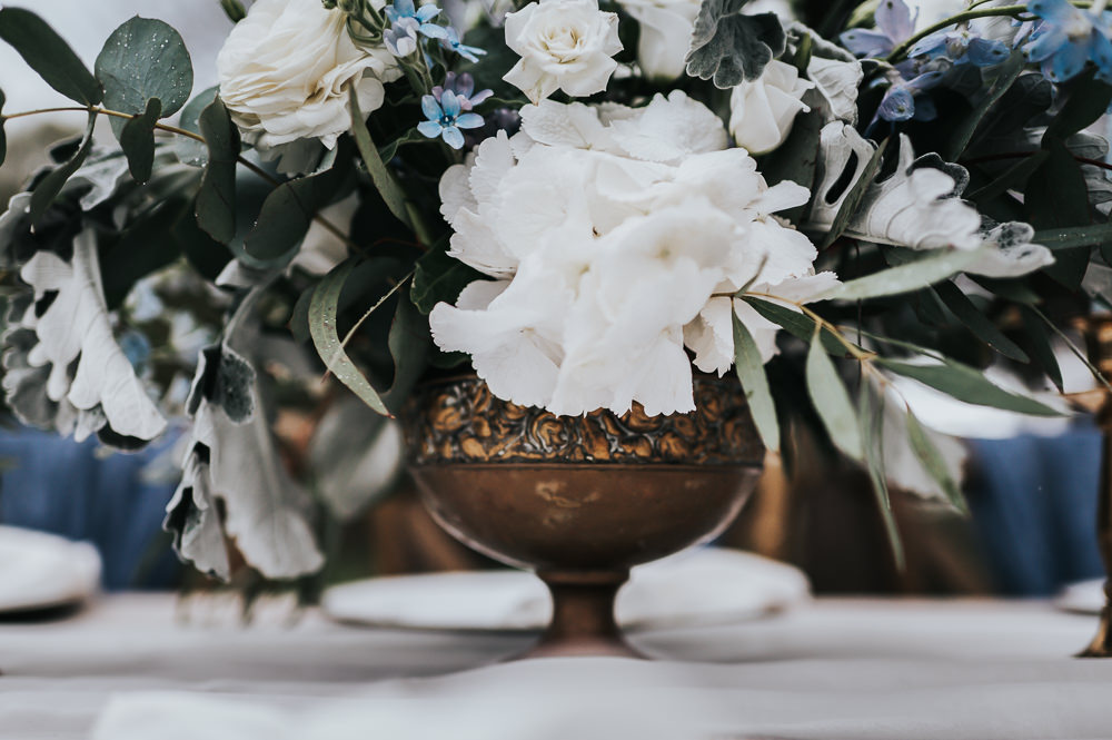Centrepiece Flowers Decor Greenery White Dusky Blue Wedding SJP Photography