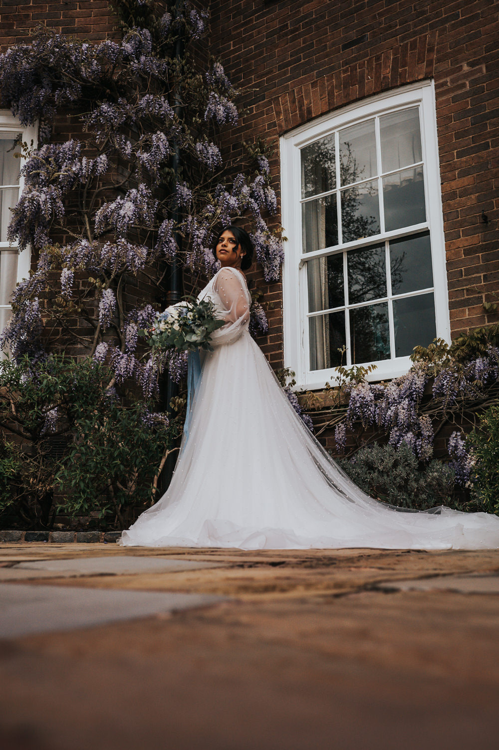 Dress Gown Bride Bridal Tulle Sleeves Train Dusky Blue Wedding SJP Photography