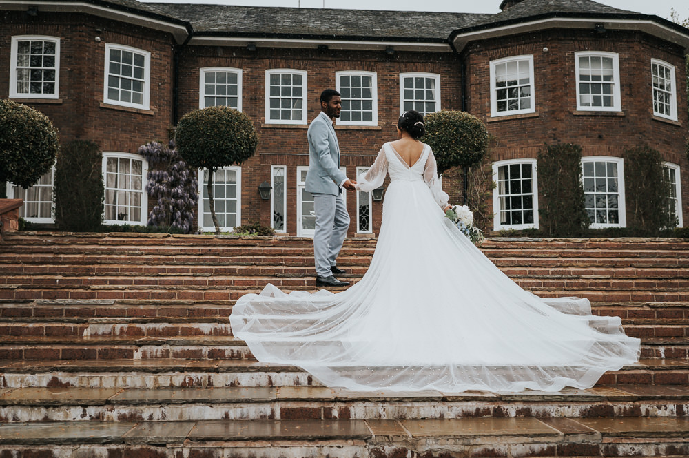 Dress Gown Bride Bridal Tulle Sleeves Train Dusky Blue Wedding SJP Photography