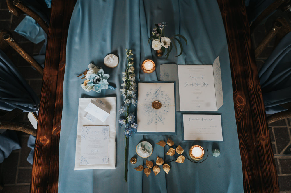 Calligraphy Illustrated Stationery Gold Wax Seal Dusky Blue Wedding SJP Photography