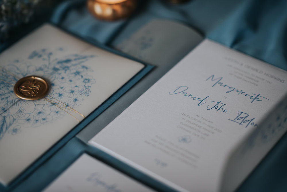 Calligraphy Illustrated Stationery Gold Wax Seal Dusky Blue Wedding SJP Photography