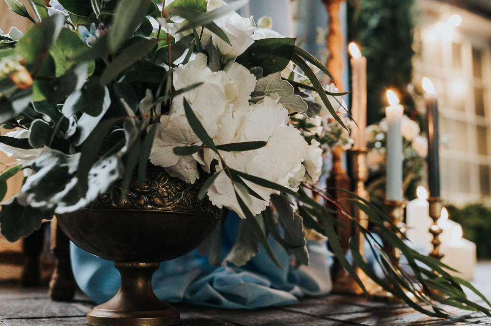 Centrepiece Flowers Decor Greenery White Dusky Blue Wedding SJP Photography