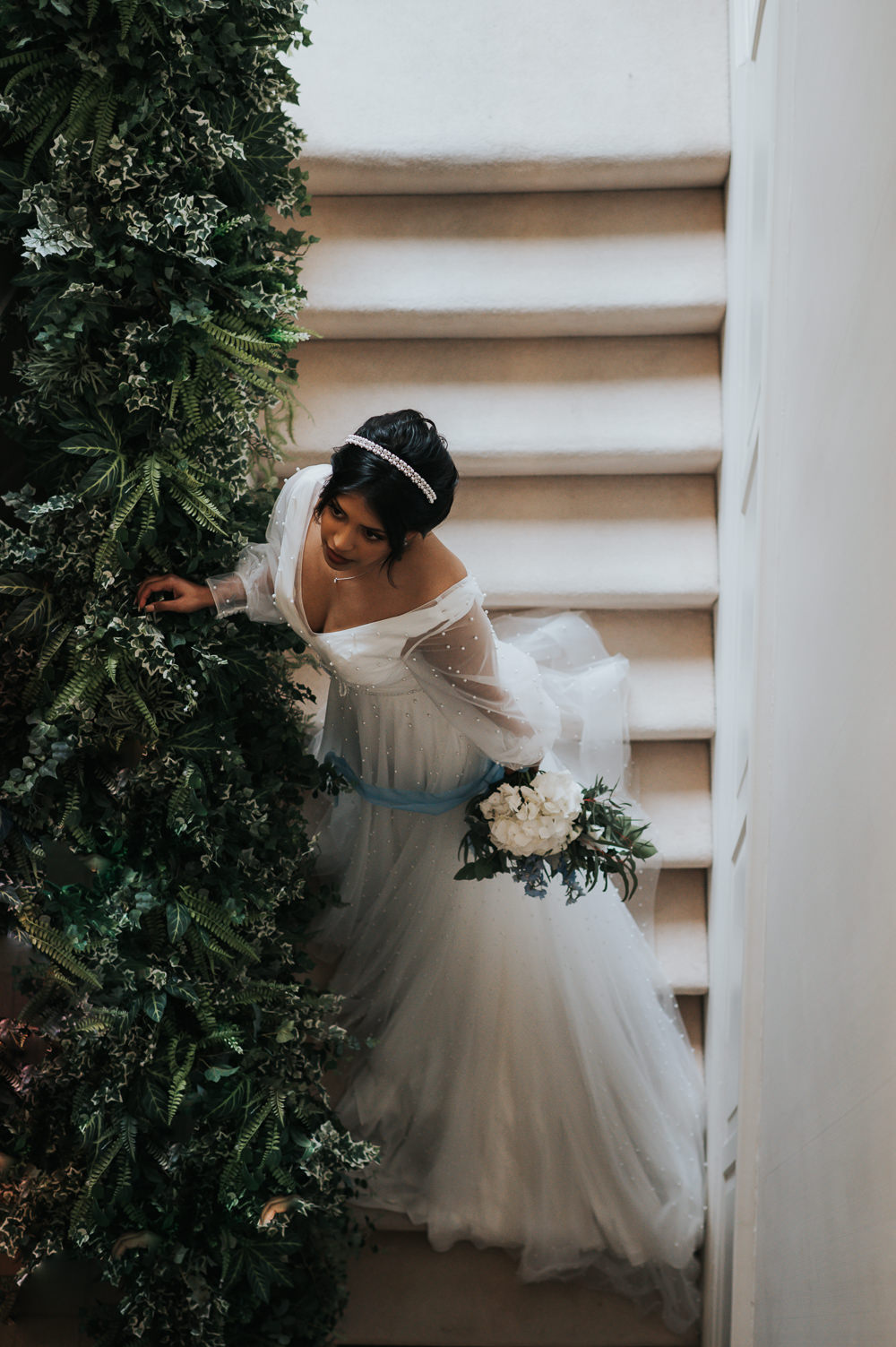 Dress Gown Bride Bridal Tulle Sleeves Train Staircase Greenery Dusky Blue Wedding SJP Photography