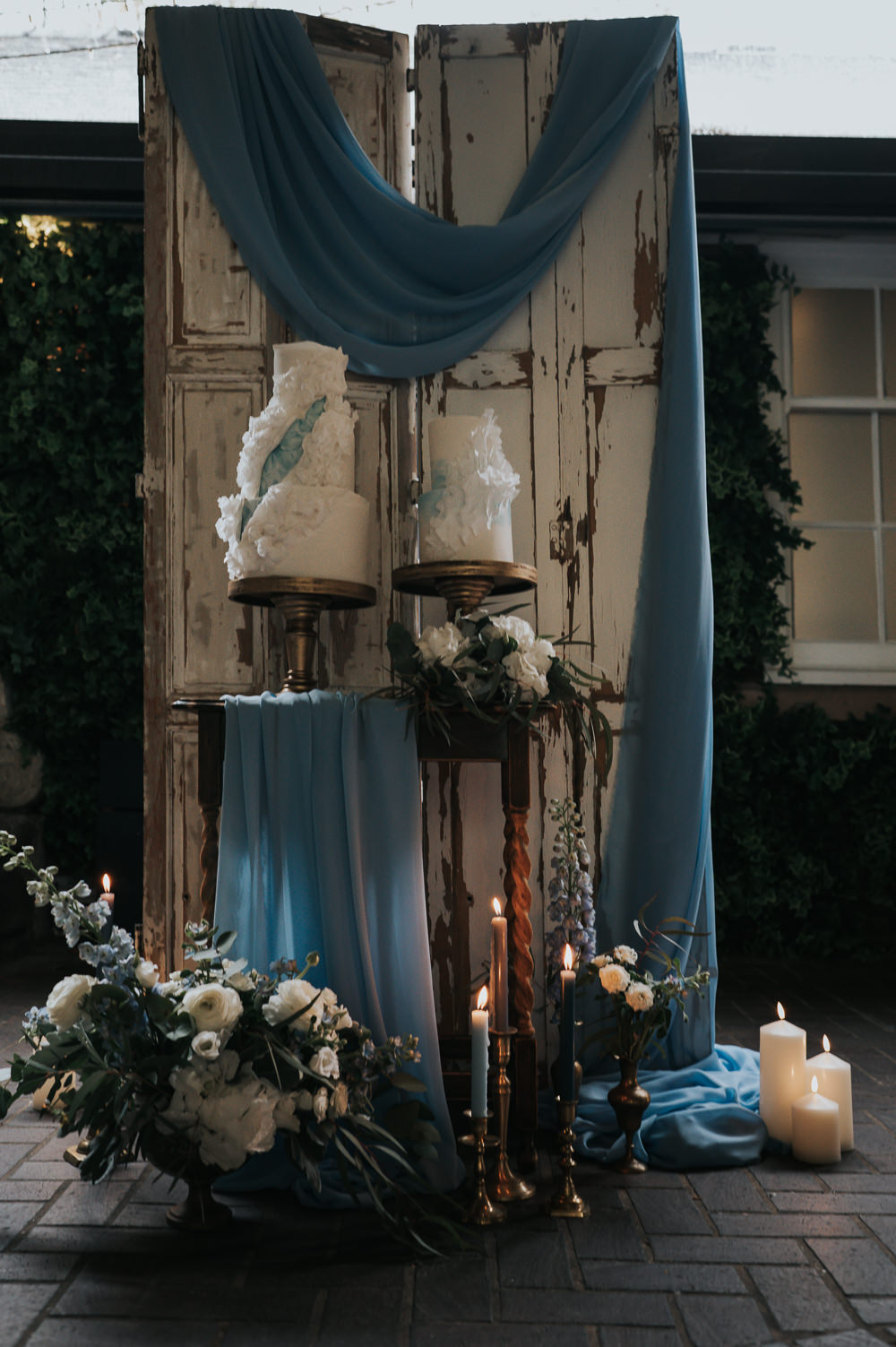 Cake Table Decor Candles Flowers Antique Door Backdrop Dusky Blue Wedding SJP Photography