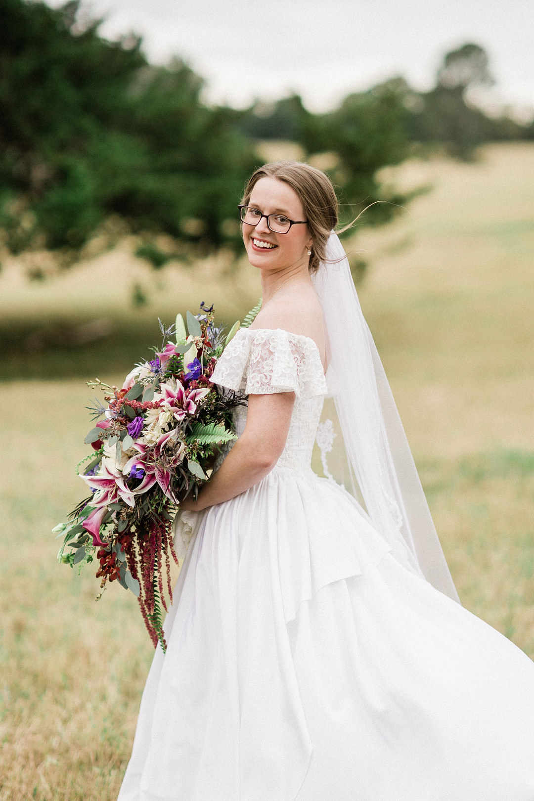 Dress Gown Bride Bridal Bardot Off Shoulder Veil Farm Wedding Washington Beauty & Beard Photography