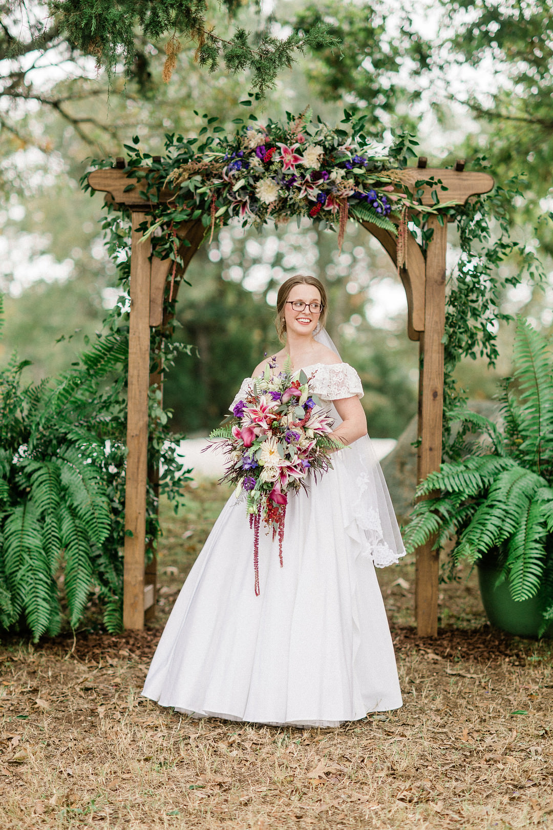 Dress Gown Bride Bridal Bardot Off Shoulder Veil Farm Wedding Washington Beauty & Beard Photography