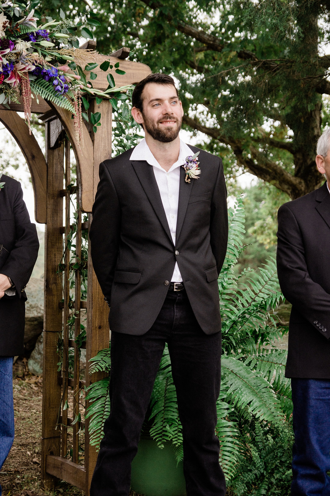 Groom Groomsmen Open Collar Denim Jeans Farm Wedding Washington Beauty & Beard Photography