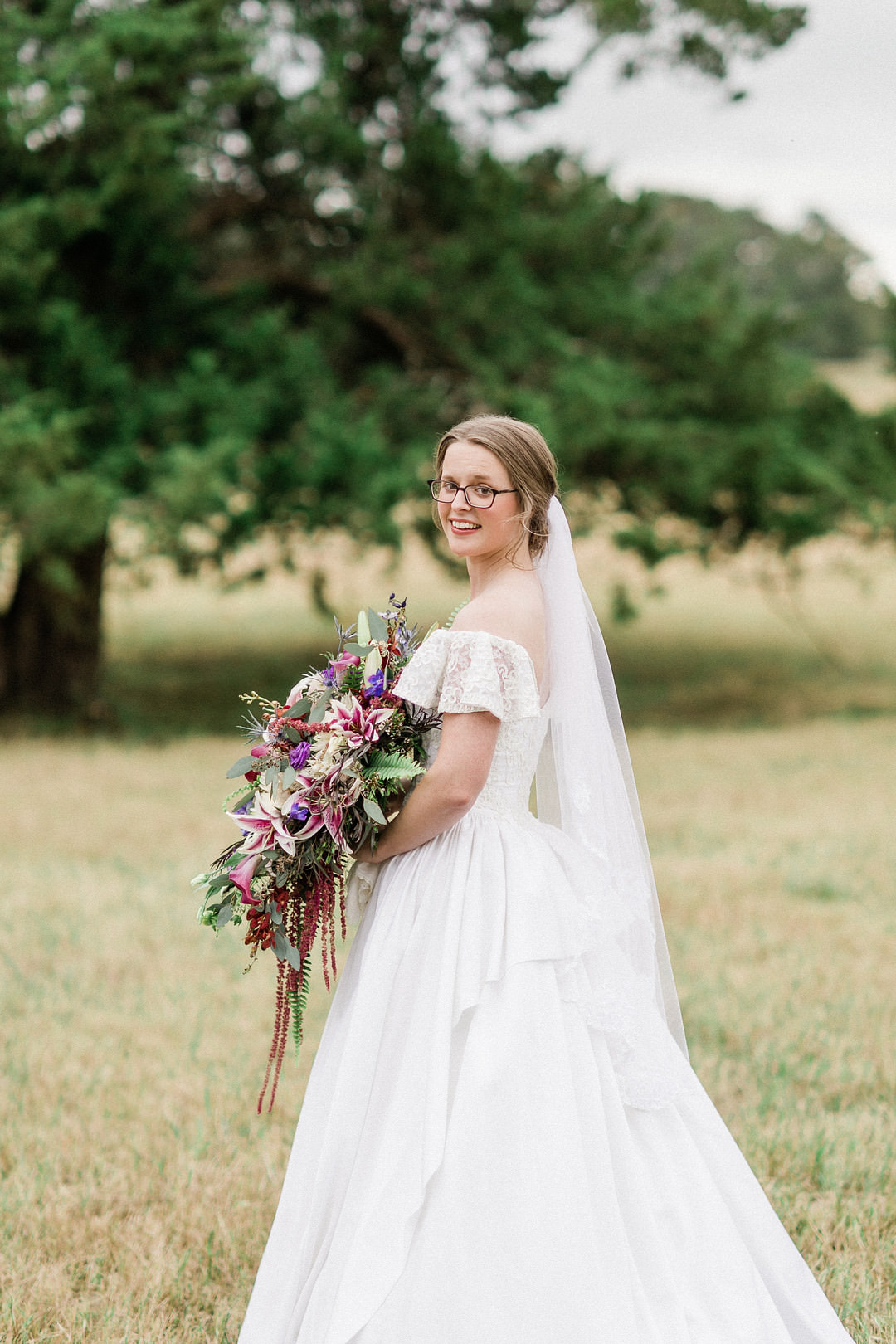 Dress Gown Bride Bridal Bardot Off Shoulder Veil Farm Wedding Washington Beauty & Beard Photography