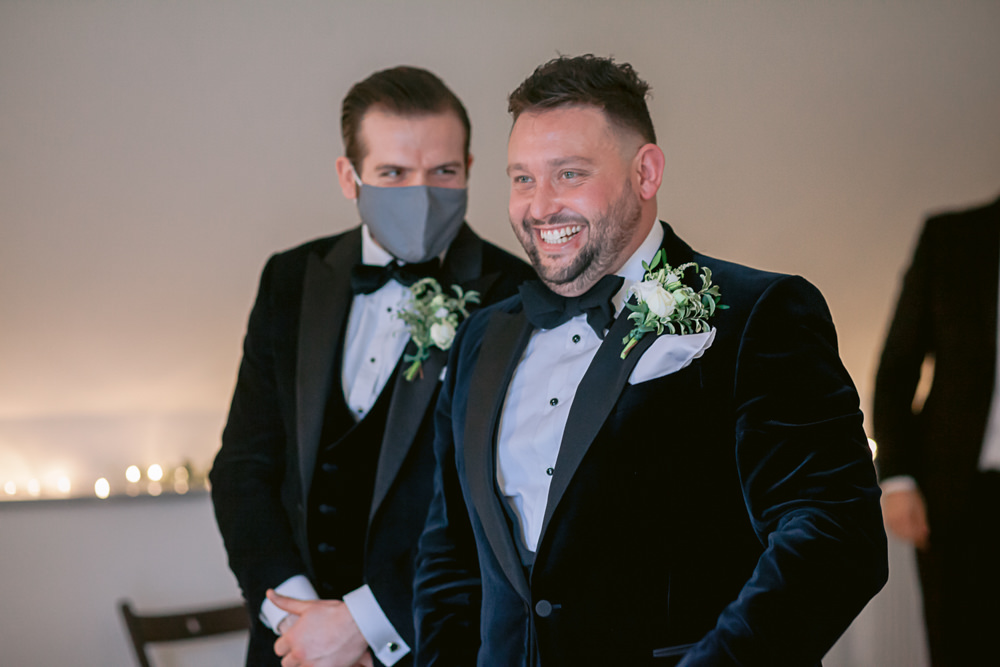 Groom Tux Tuxedo Bow Tie Velvet Harefield Barn Wedding Jennifer Jane Photography