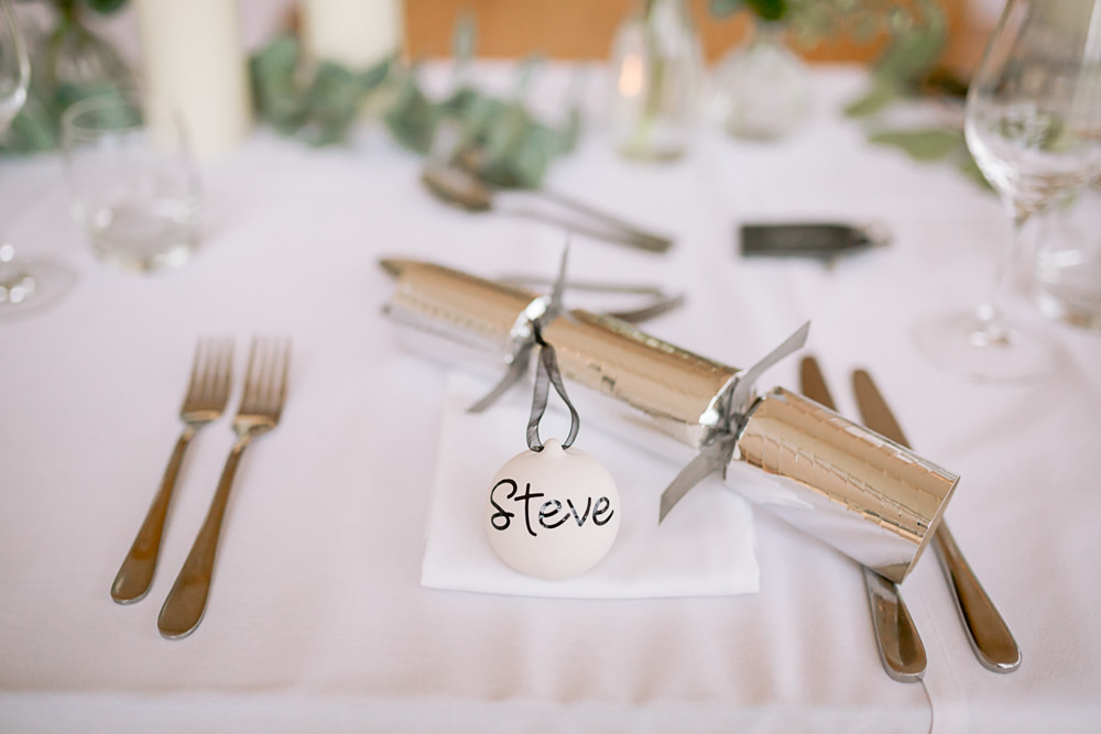 Table Setting Place Name Cracker Bauble Christmas Harefield Barn Wedding Jennifer Jane Photography