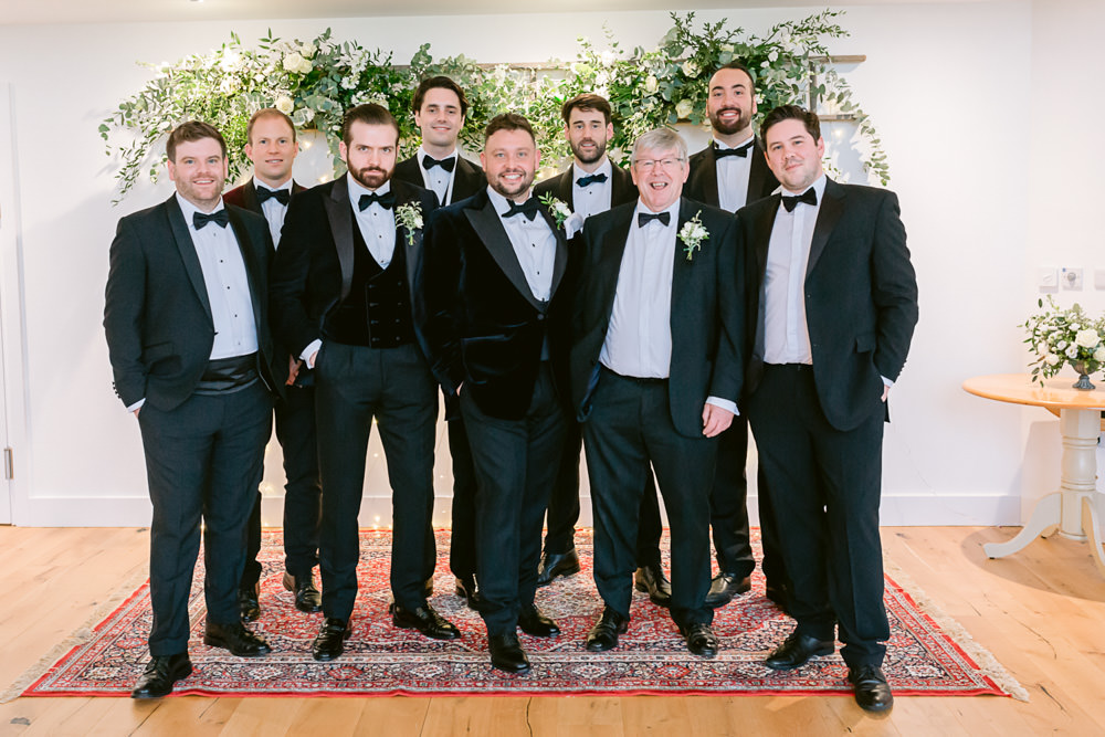 Groom Tux Tuxedo Bow Tie Velvet Groomsmen Harefield Barn Wedding Jennifer Jane Photography