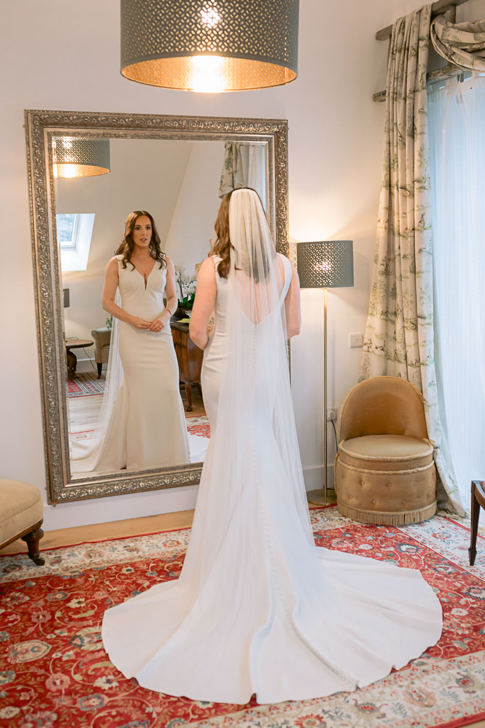 Dress Gown Bride Bridal Puddle Train Veil Harefield Barn Wedding Jennifer Jane Photography