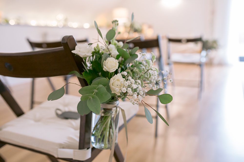 Pew End Aisle Ceremony Flowers Jars Harefield Barn Wedding Jennifer Jane Photography