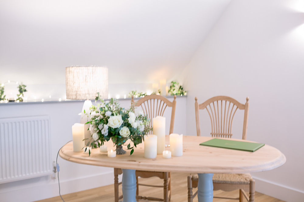 Ceremony Table Flowers Candles Harefield Barn Wedding Jennifer Jane Photography
