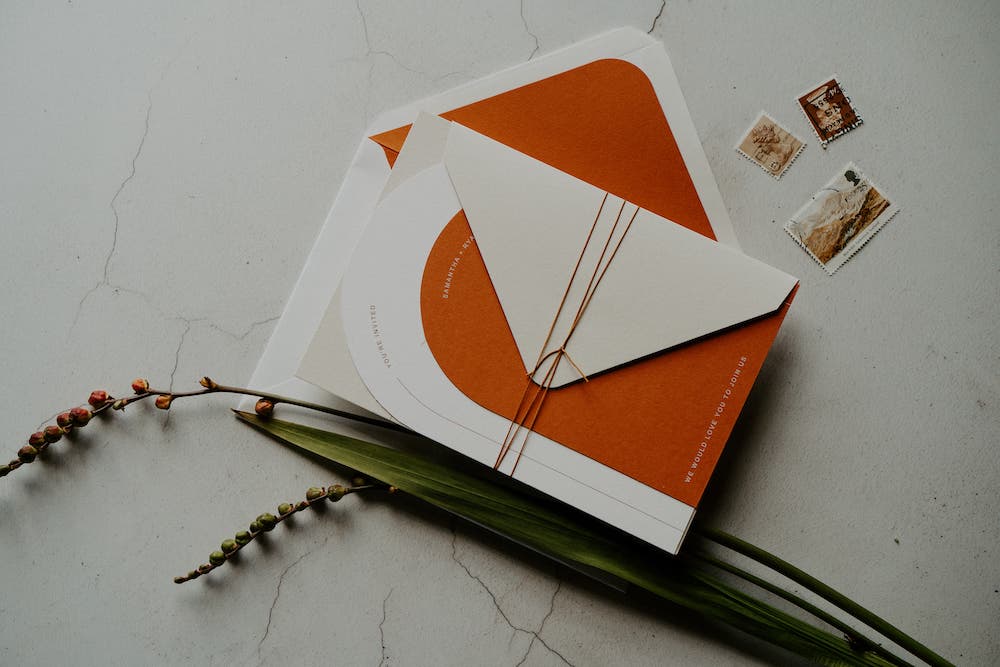 Old Cow Shed Wedding Flashback Images Stationery Invite Invitation Orange Curve Pill