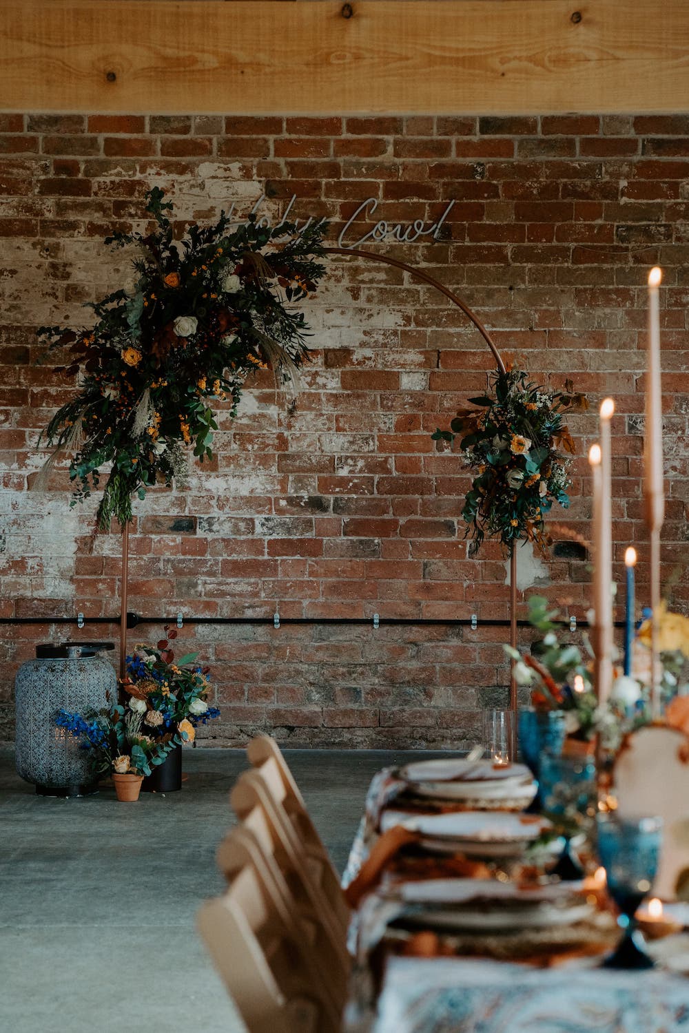 Flower Arch Flowers Metal Candles Backdrop Table Old Cow Shed Wedding Flashback Images