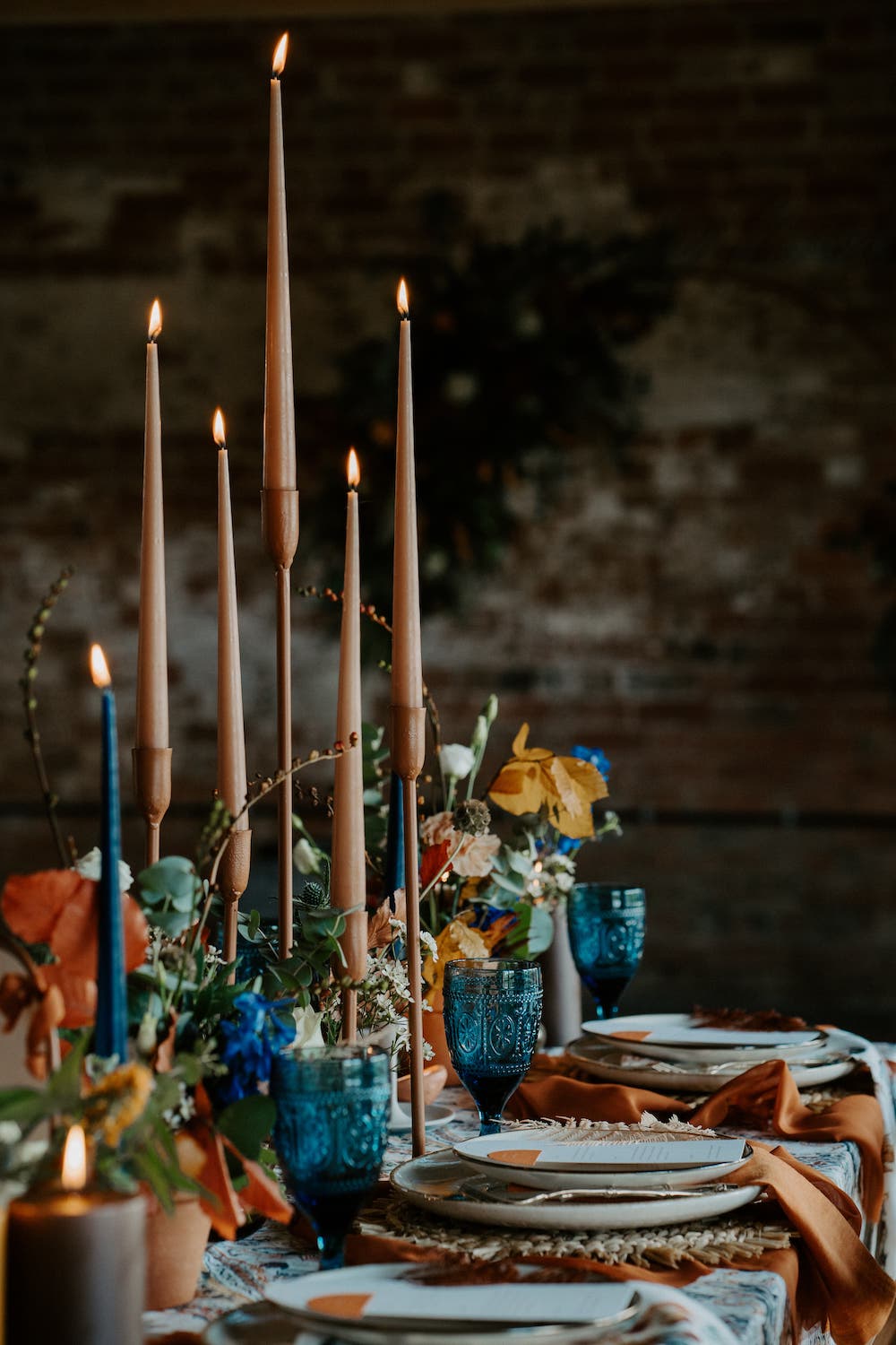 Table Tablescape Candles Decor Flowers Orange Blue Old Cow Shed Wedding Flashback Images