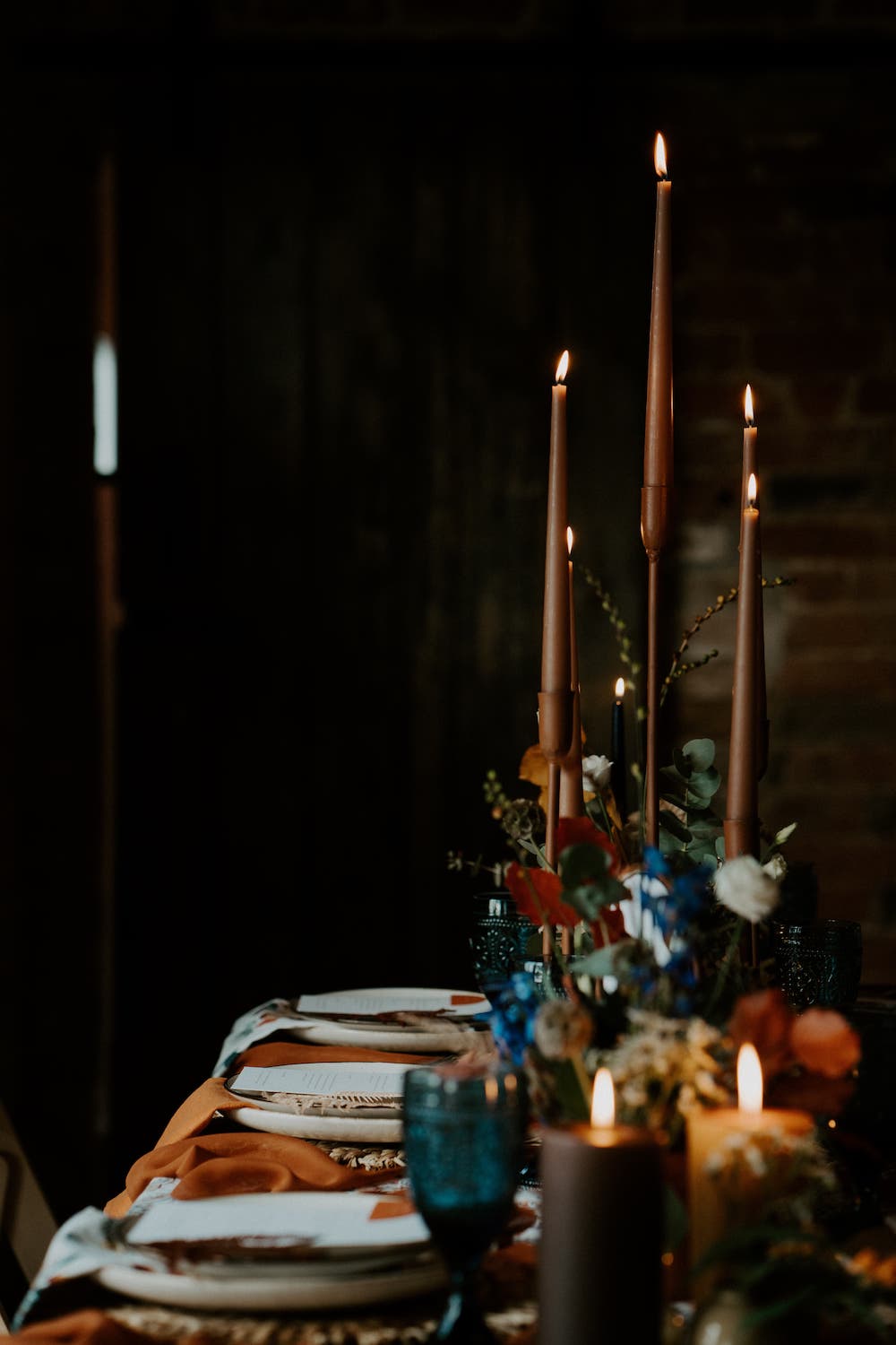 Table Tablescape Candles Decor Flowers Orange Blue Old Cow Shed Wedding Flashback Images