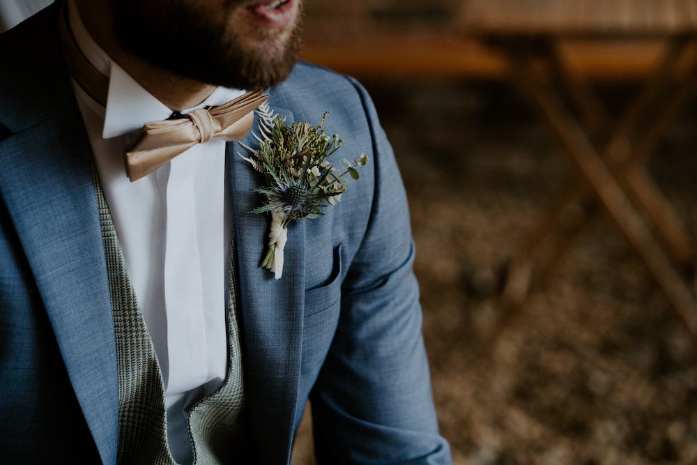 Groom Blue Suit Pink Bow Tie Old Cow Shed Wedding Flashback Images