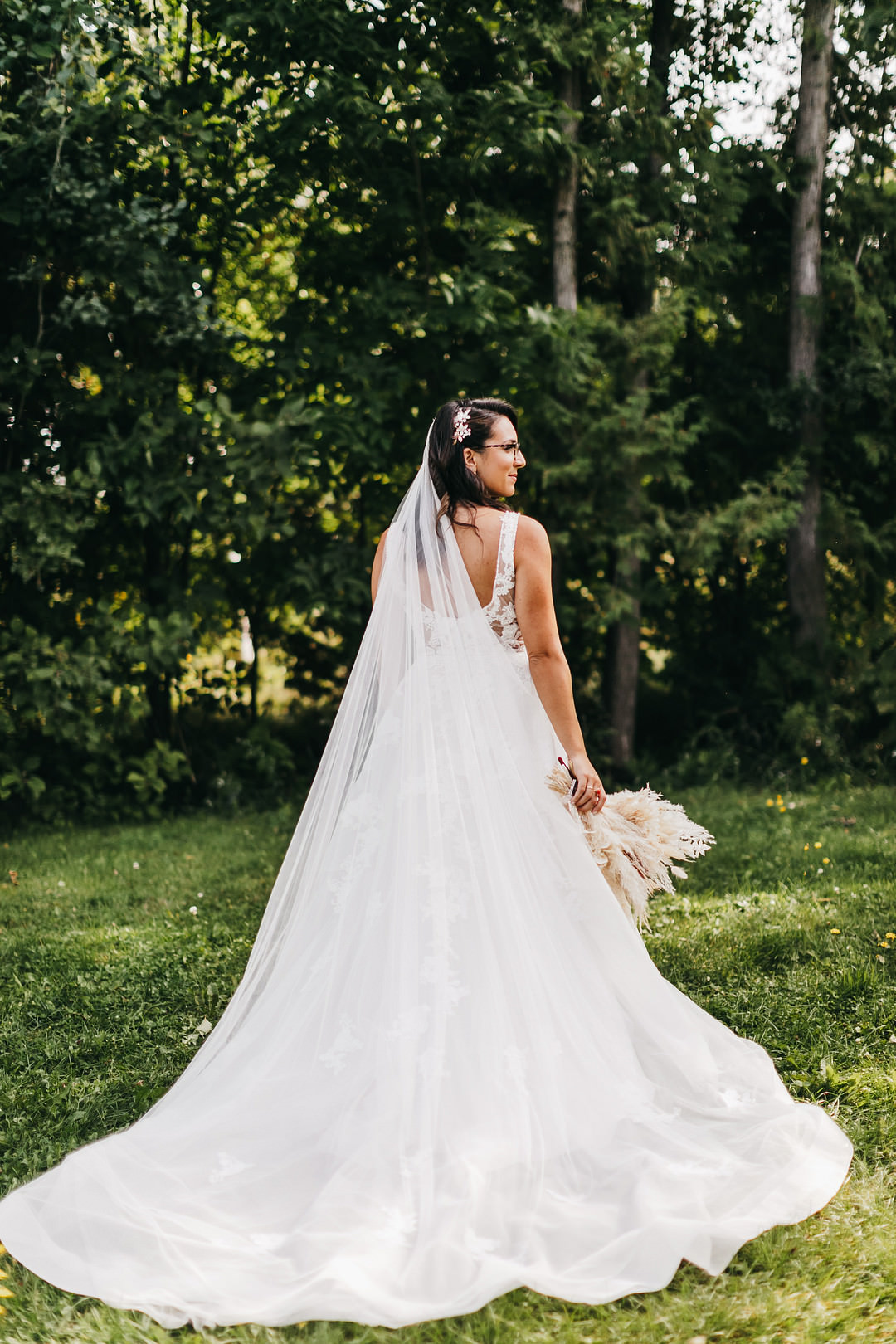 Dress Gown Bride Bridal Floral Veil Ontario Micro Wedding Cacie Carroll Photography
