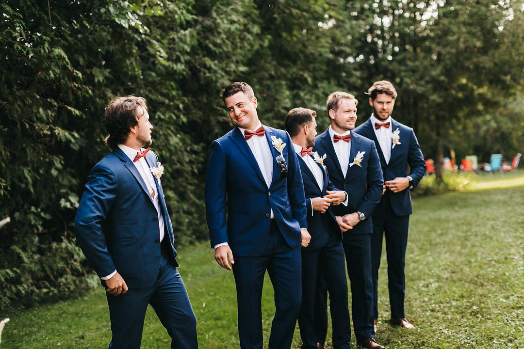 Groom Suit Groomsmen Blue Red Bow Tie Ontario Micro Wedding Cacie Carroll Photography