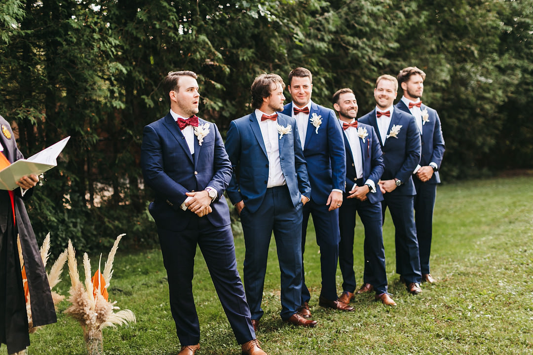 Groom Suit Groomsmen Blue Red Bow Tie Ontario Micro Wedding Cacie Carroll Photography