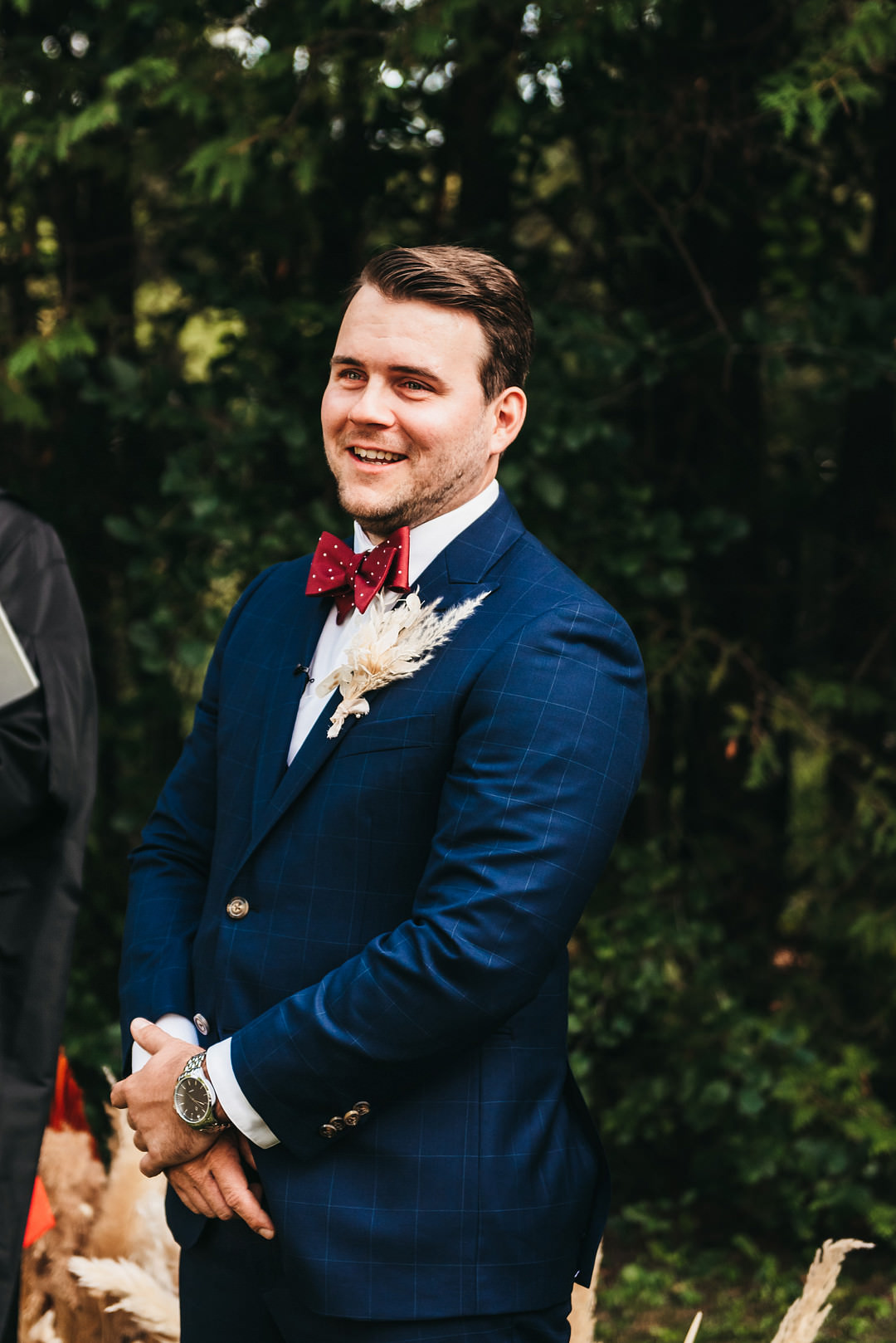 Groom Suit Groomsmen Blue Red Bow Tie Ontario Micro Wedding Cacie Carroll Photography