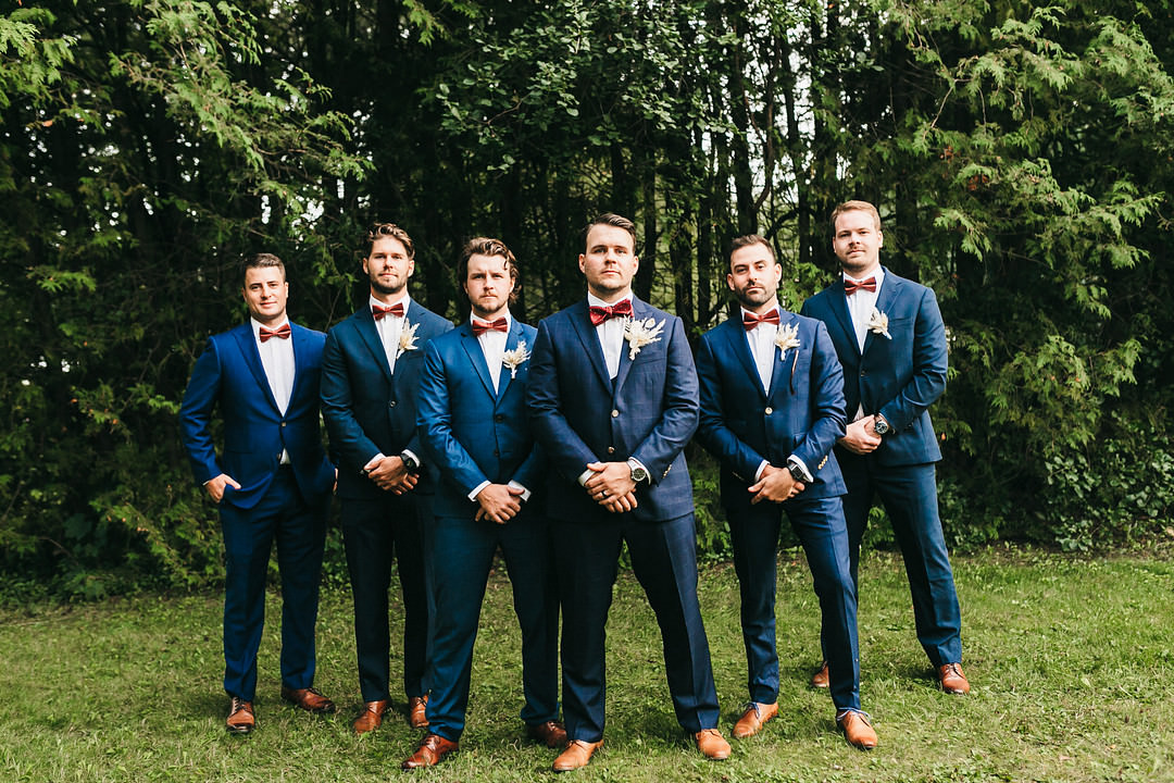 Groom Suit Groomsmen Blue Red Bow Tie Ontario Micro Wedding Cacie Carroll Photography