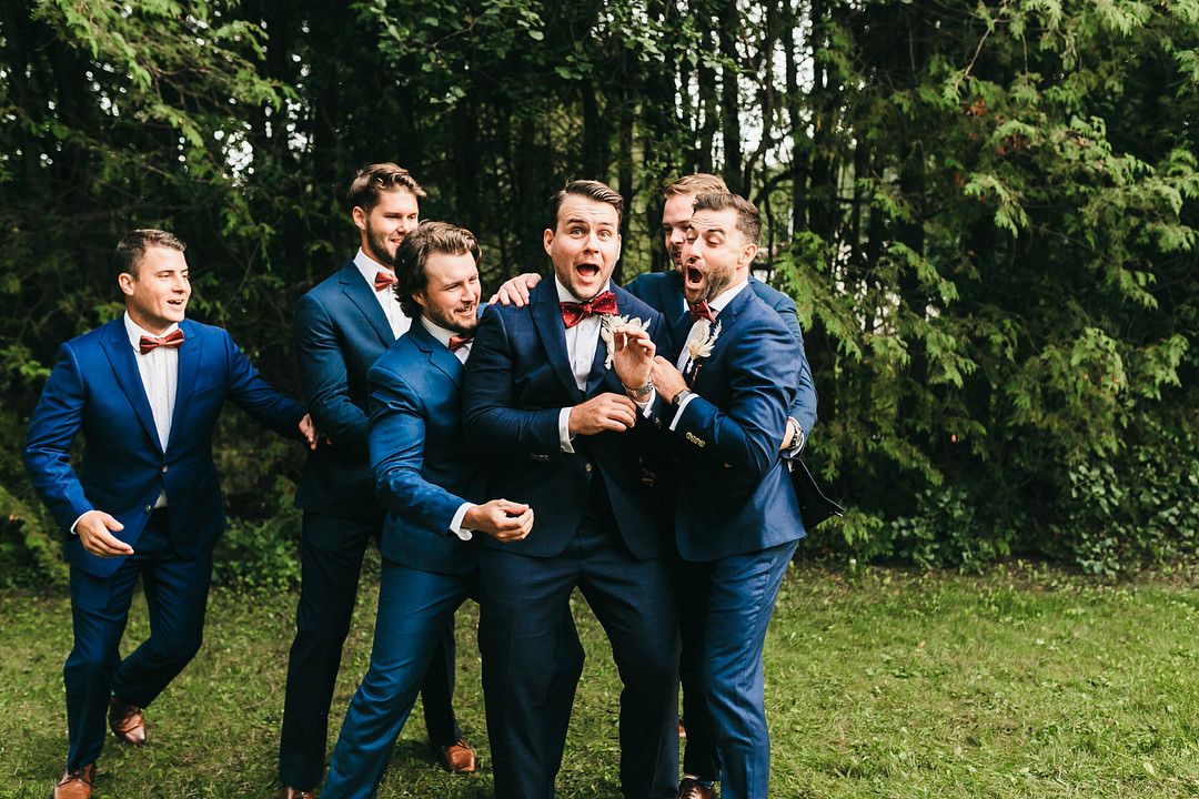 Groom Suit Groomsmen Blue Red Bow Tie Ontario Micro Wedding Cacie Carroll Photography